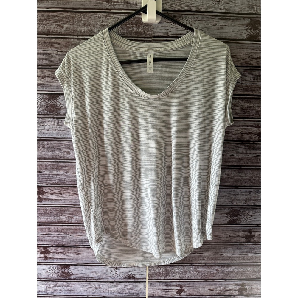 Athleta Women's Breezy Stripe Tee Grey White Oversized Cap‎ Sleeve Top
